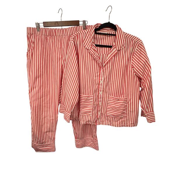 LAKE Pajama Set Womens XL Striped Long Sleeve Crop Pants Red White Poplin Cotton - Picture 1 of 13